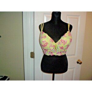 Kiss & Tell Yellow Red Green Floral Lace Bra 44D Wide Band, Intimate Apparel